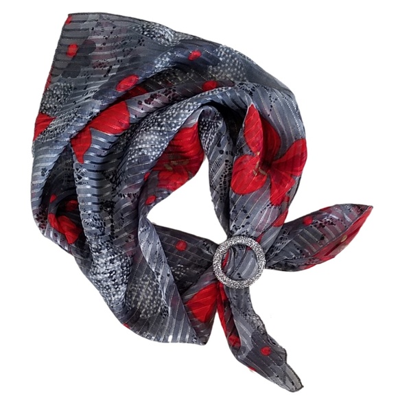 Accessories - NEW - Large Square Scarf Red Lily on a Grey with Gold Metallic Thread
